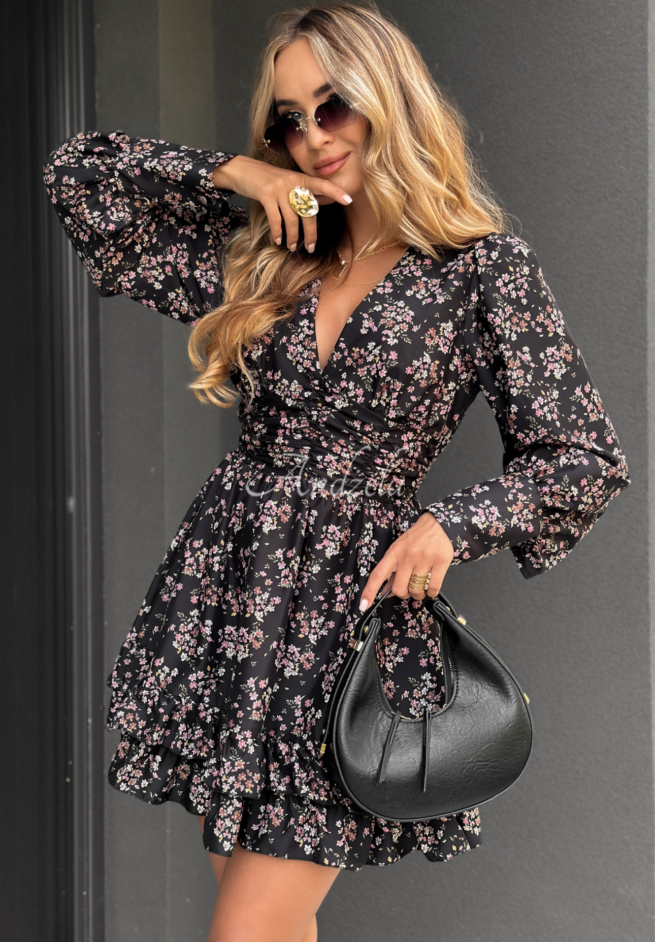 Floral mini dress with frills Flowery Rain black