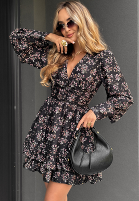 Floral mini dress with frills Flowery Rain black