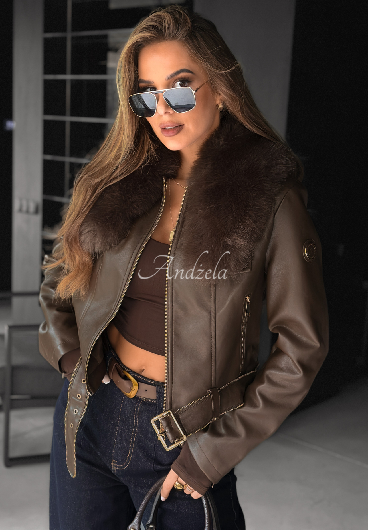 Leather jacket with fur Still Unread chocolate.