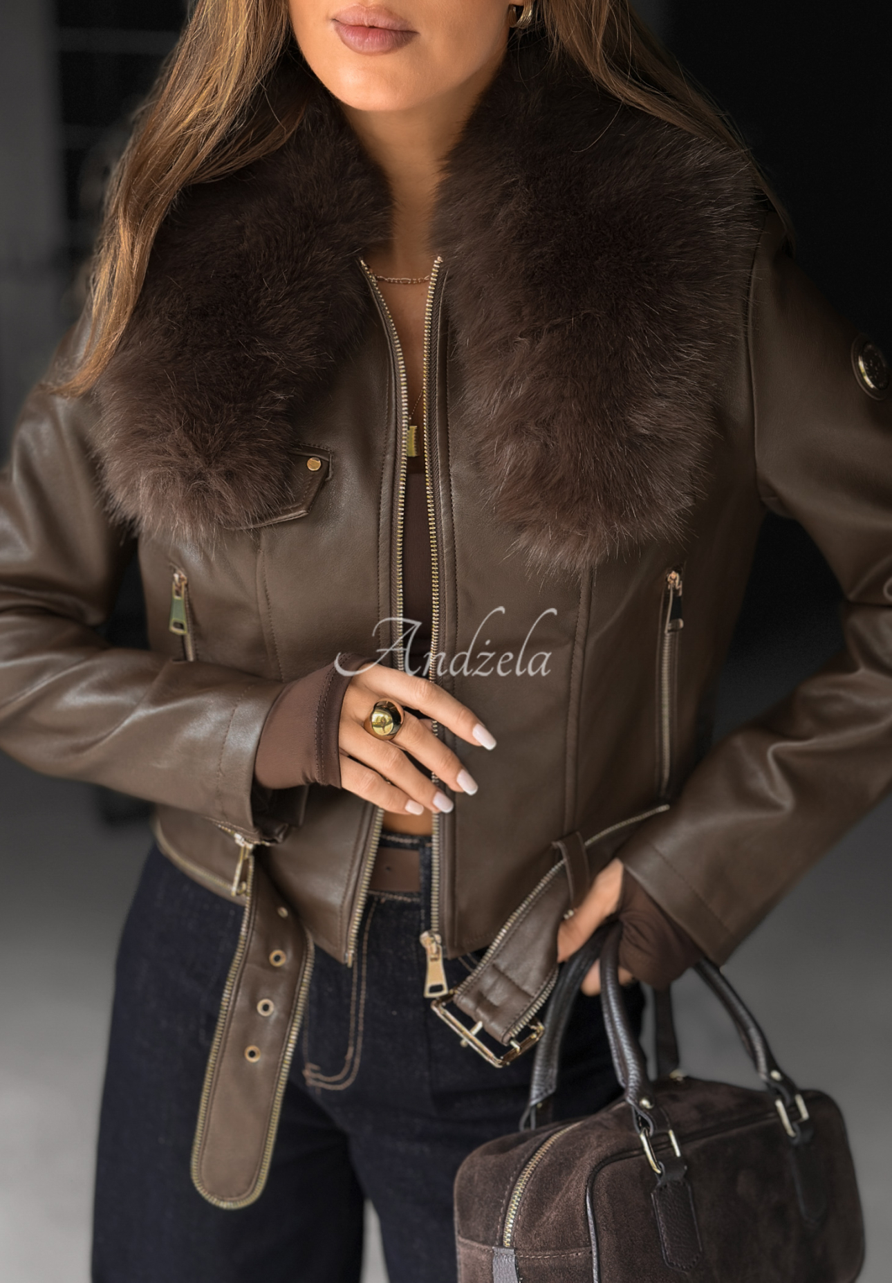 Leather jacket with fur Still Unread chocolate.