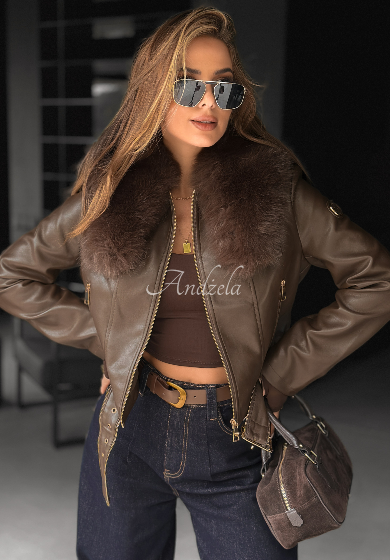 Leather jacket with fur Still Unread chocolate.