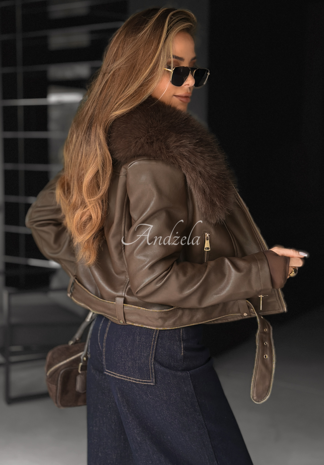 Leather jacket with fur Still Unread chocolate.