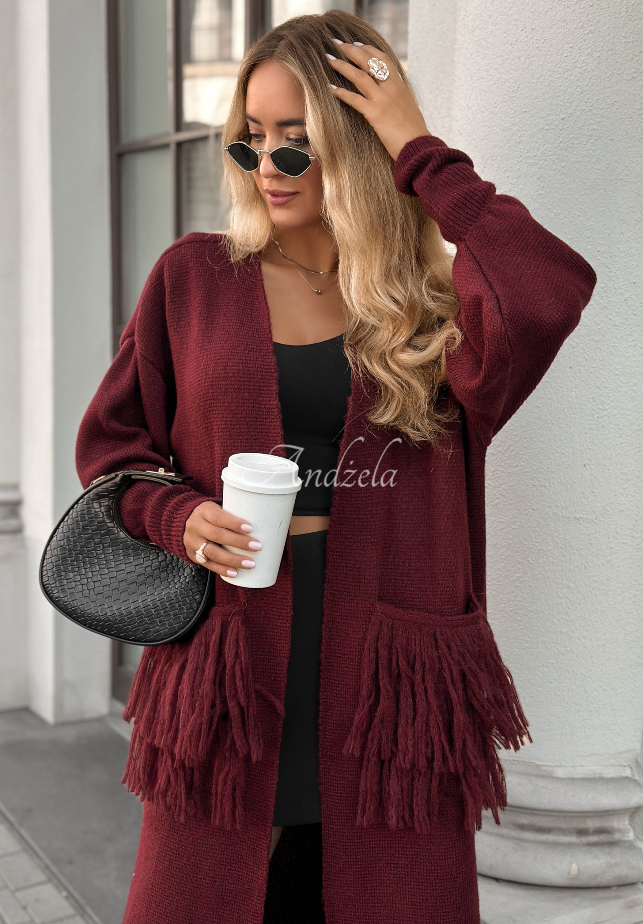 Long cardigan with fringe Find Her Glow burgundy