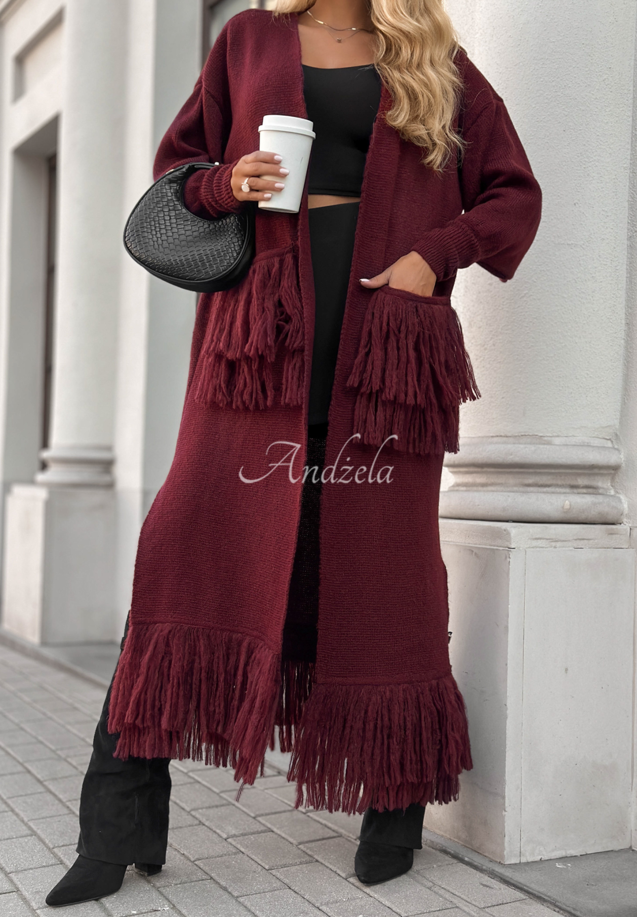 Długi kardigan z frędzlami Find Her Glow burgundowy