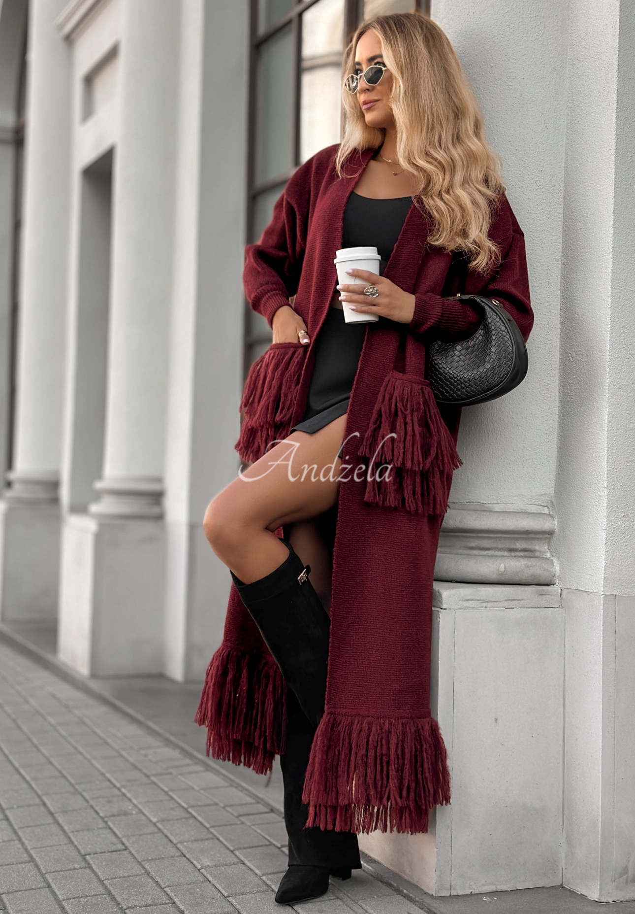 Long cardigan with fringe Find Her Glow burgundy