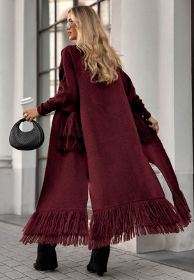 Długi kardigan z frędzlami Find Her Glow burgundowy