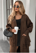 Długi kardigan z frędzlami Find Her Glow czekoladowy