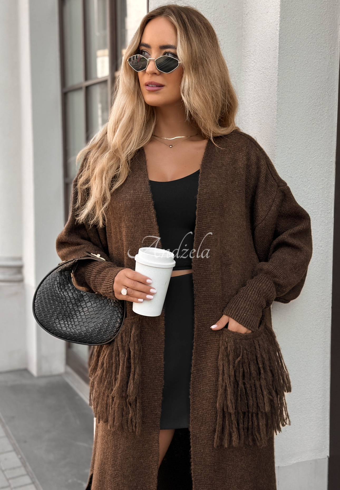 Long cardigan with fringe Find Her Glow chocolate