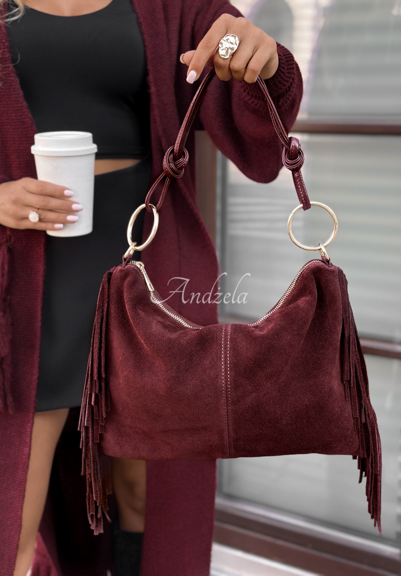 Zamszowa torebka z frędzlami Story Deleted burgundowa