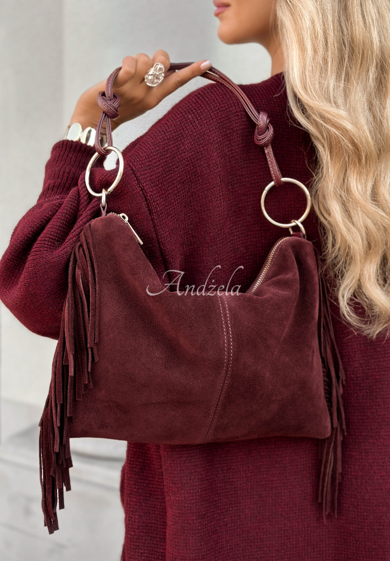 Story Deleted burgundy suede fringe handbag