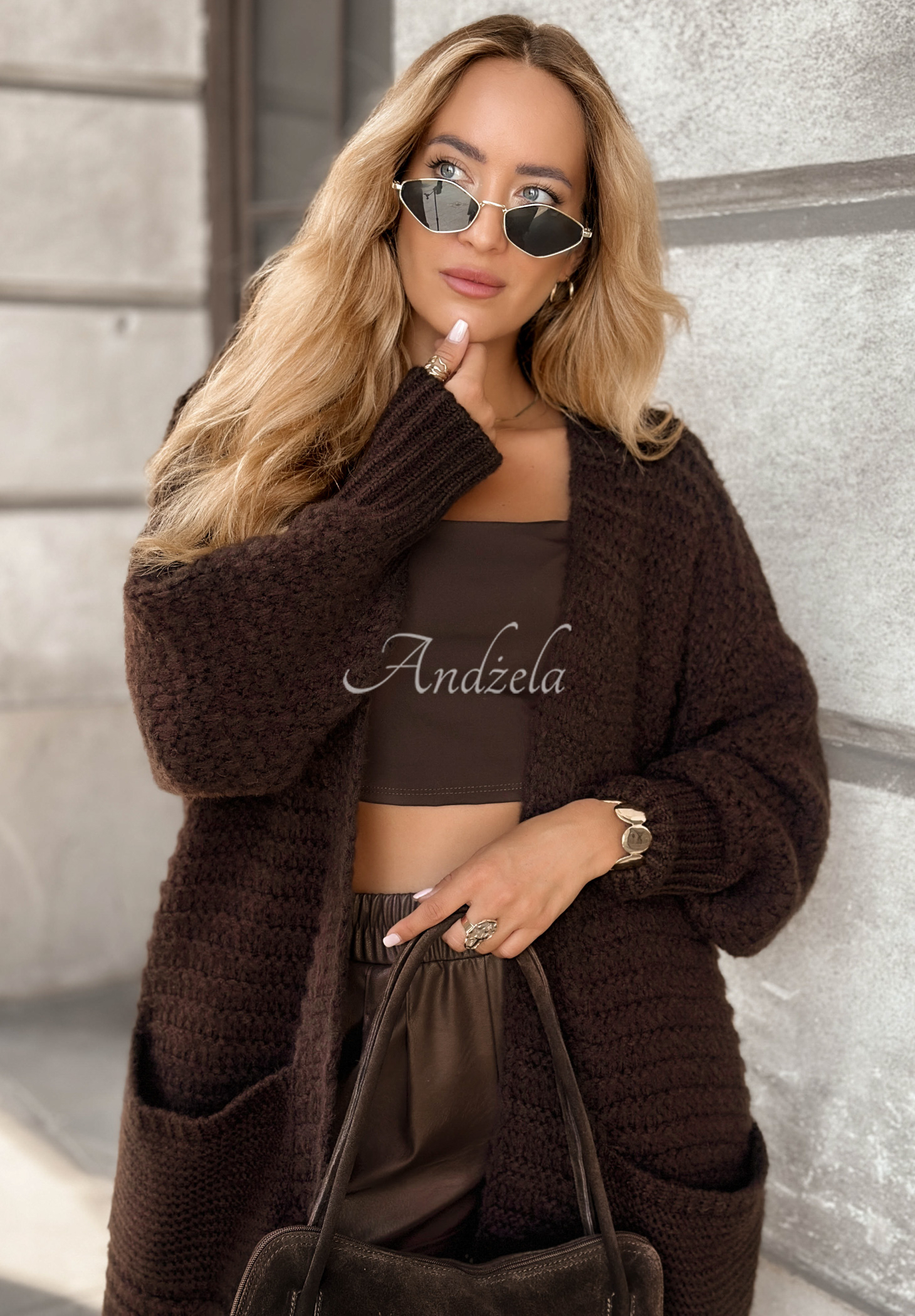 Long cardigan New Jersey chocolate Andżela Online Store