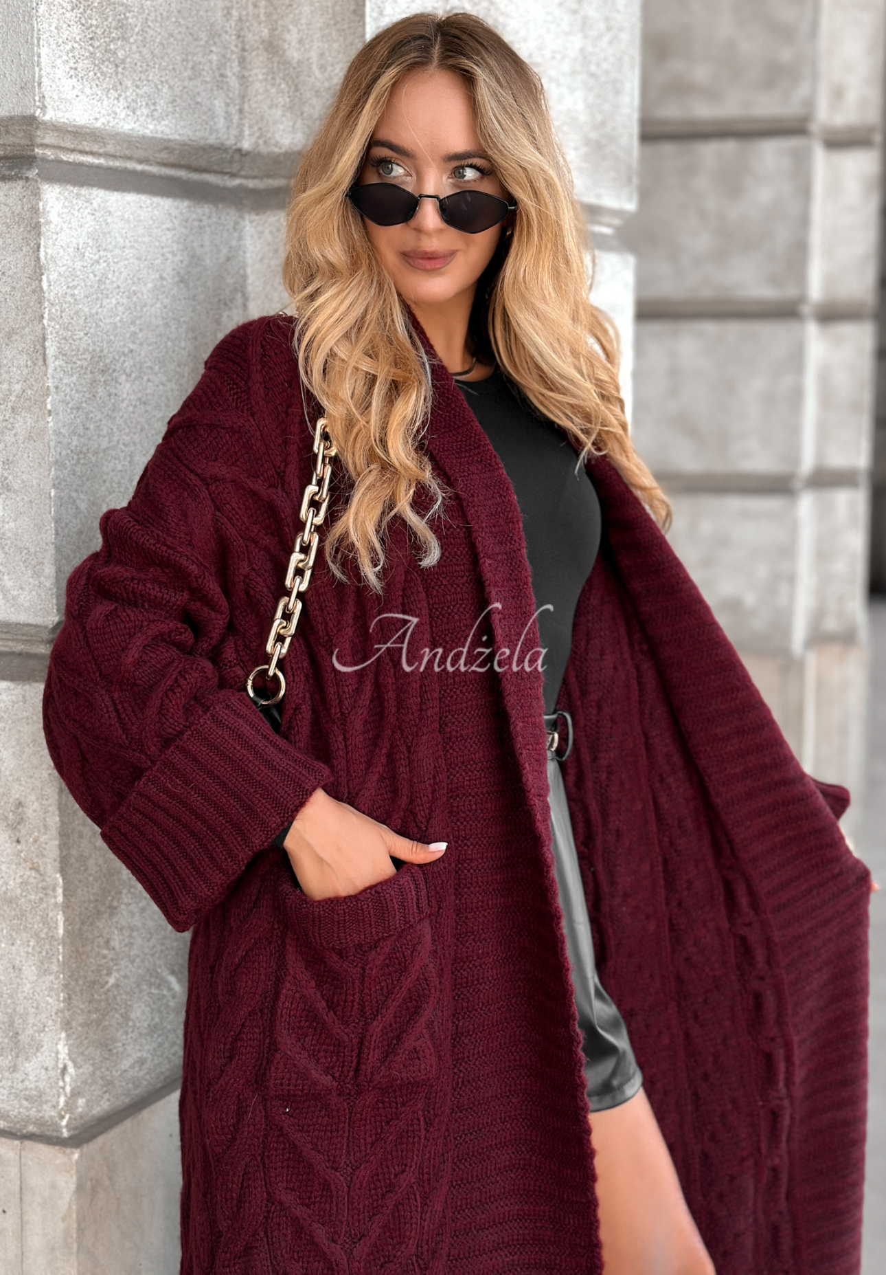 Long plaid cardigan Only Forward burgundy