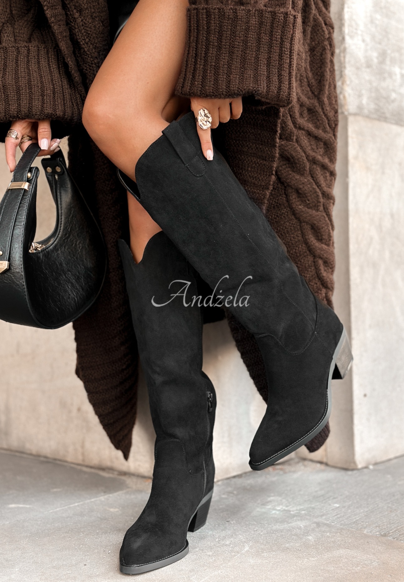 Long suede cowboy boots Weather Channel black
