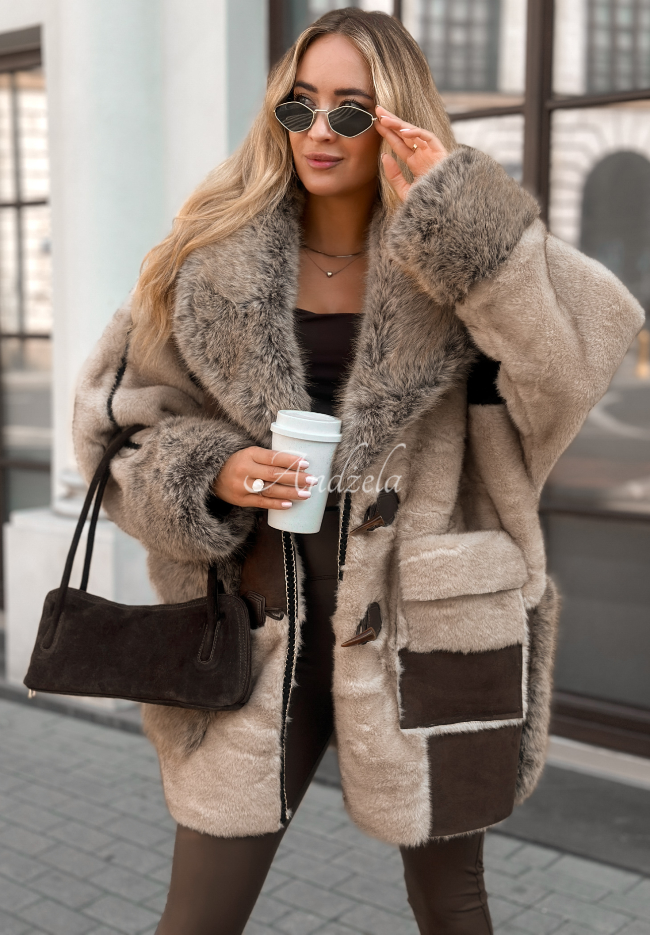Caught In Mist beige and chocolate fur sheepskin coat