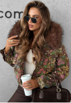 Krótka kurtka w kwiaty z futerkiem Frosted Flowers czekoladowa