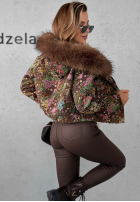 Krótka kurtka w kwiaty z futerkiem Frosted Flowers czekoladowa