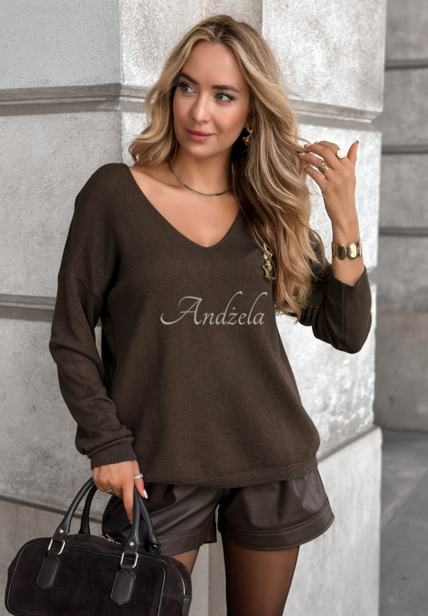 Lekki sweter z dekoltem Sensibility czekoladowy