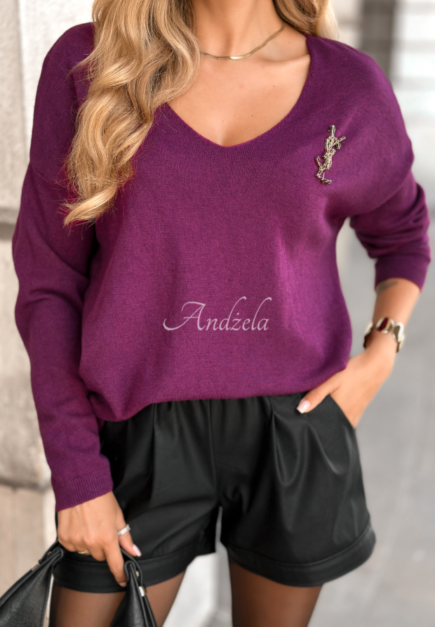 Lekki sweter z dekoltem Sensibility śliwkowy