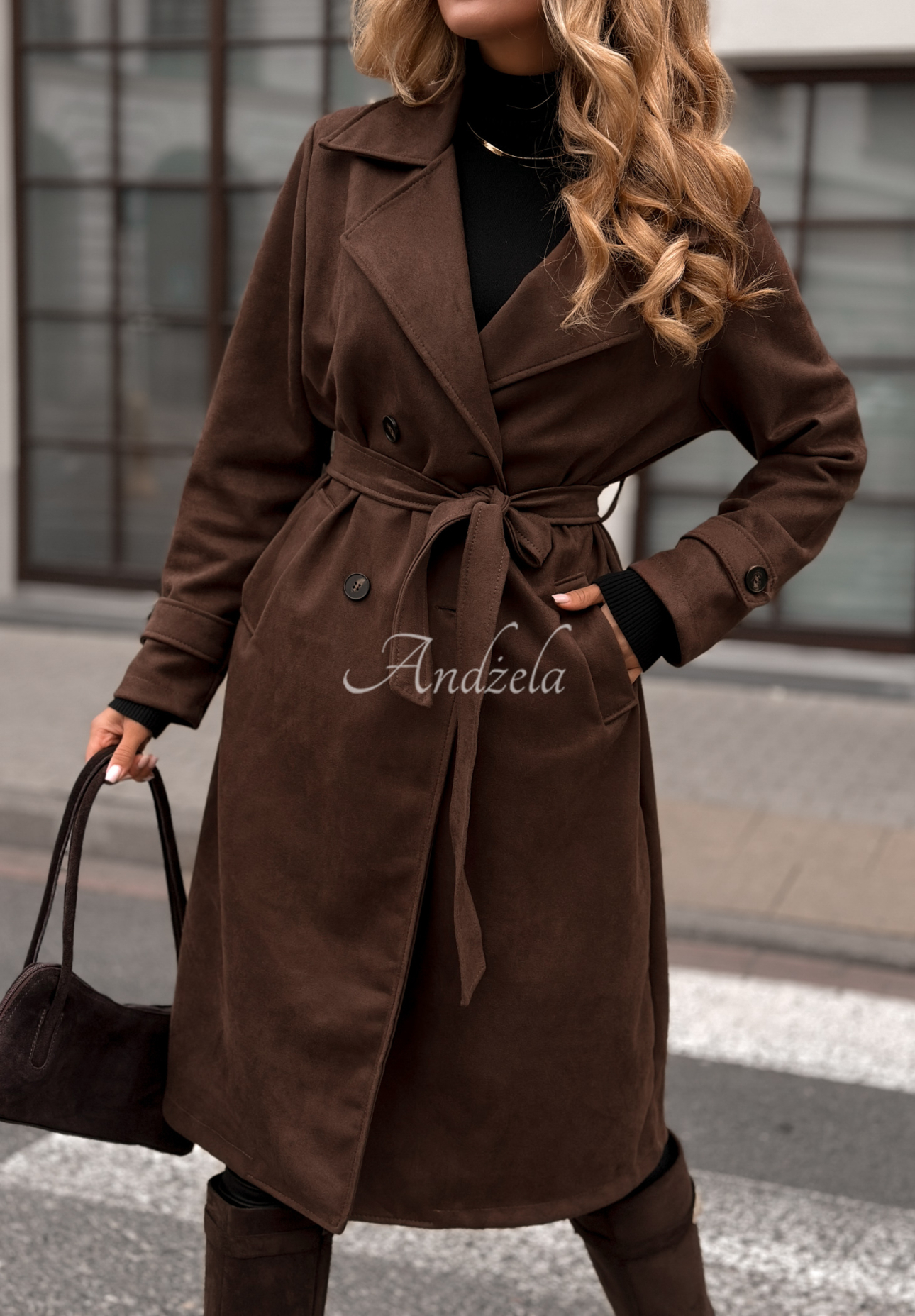 Suede coat with belt No Big Deal chocolate