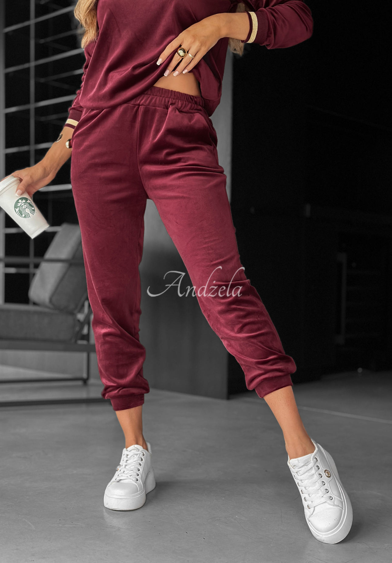 Welurowy komplet dresowy Unfollowed burgundowy