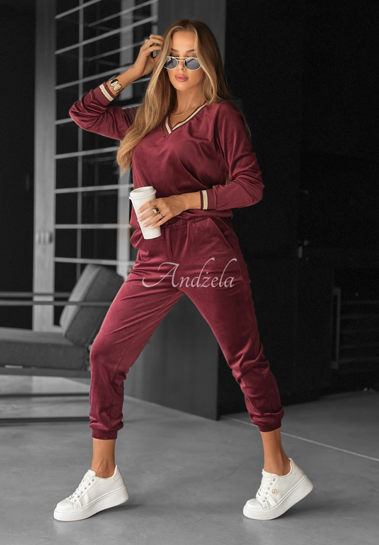 Unfollowed burgundy velour tracksuit set