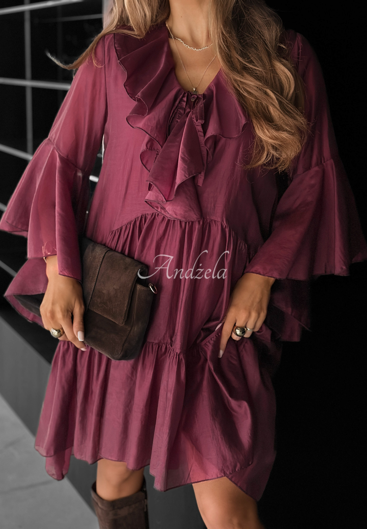 He Forgot burgundy tencel dress with ruffles