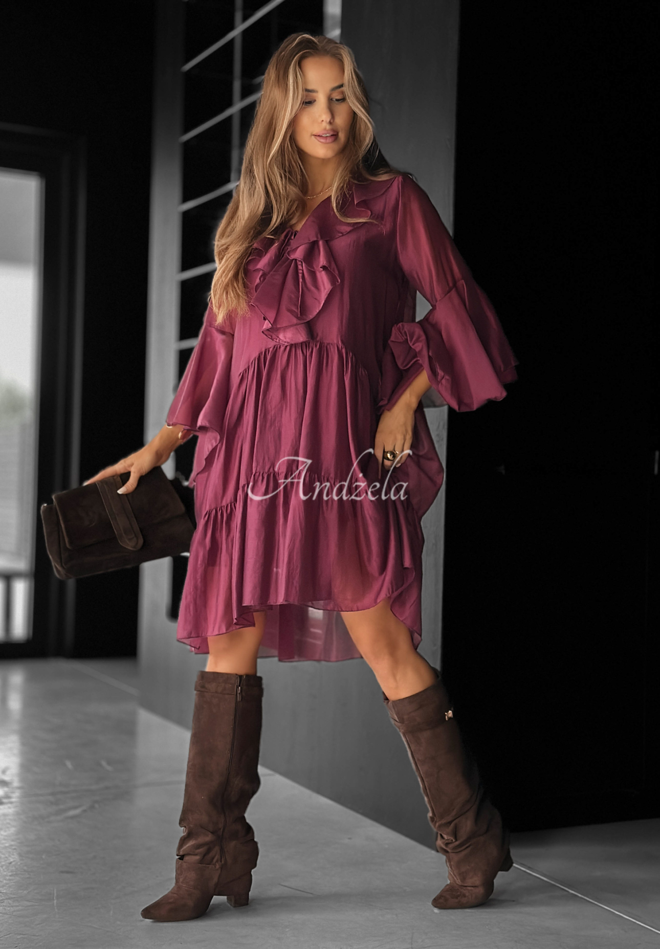 He Forgot burgundy tencel dress with ruffles