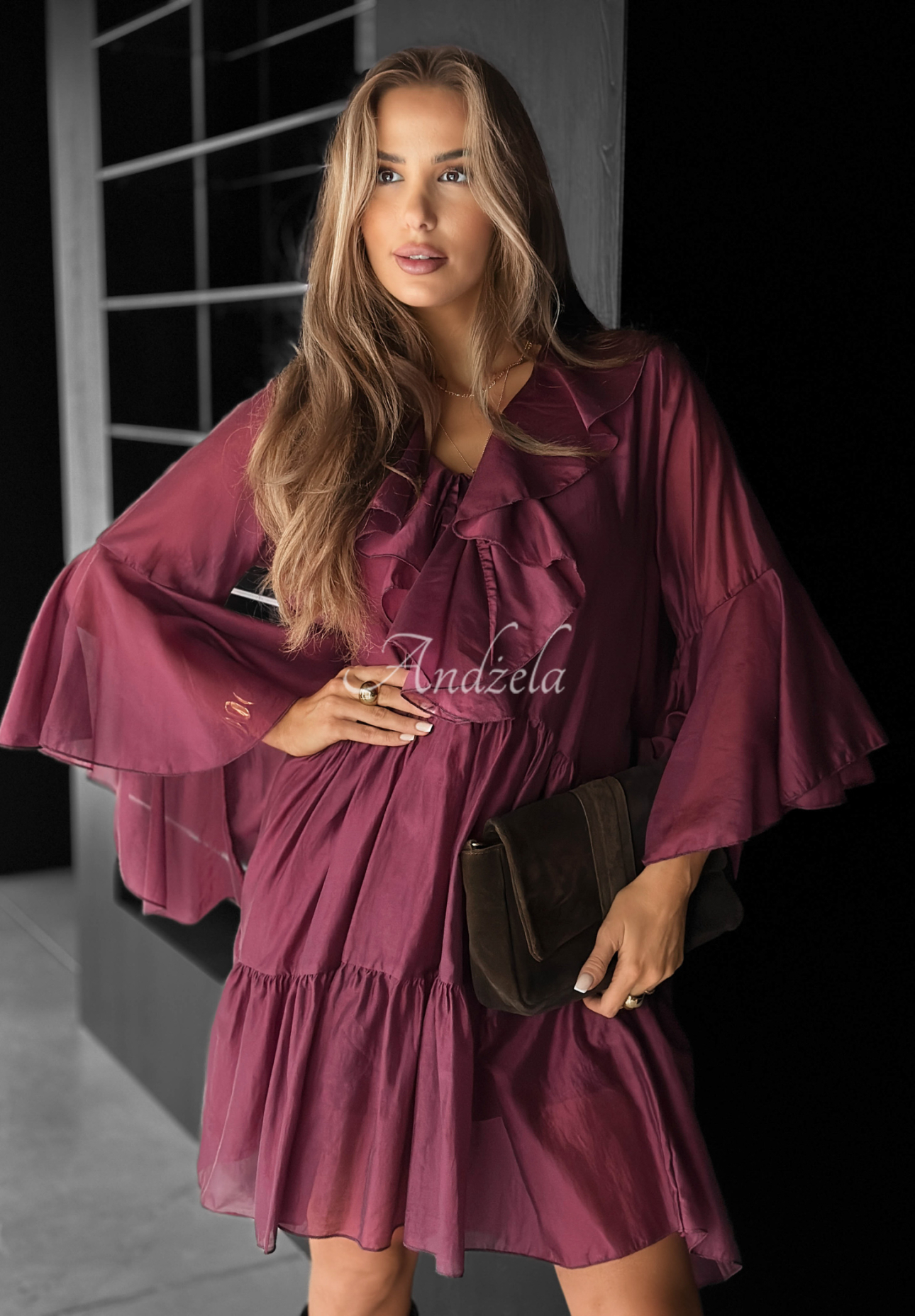 He Forgot burgundy tencel dress with ruffles