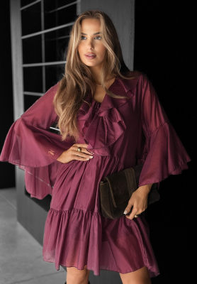 He Forgot burgundy tencel dress with ruffles