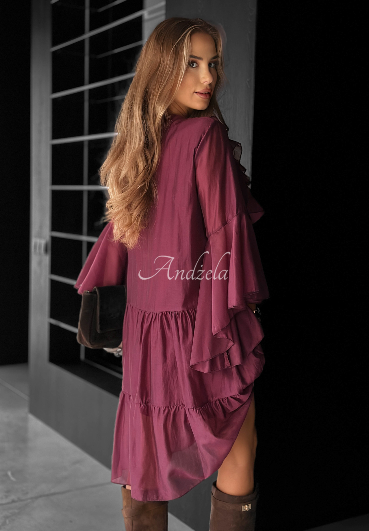 He Forgot burgundy tencel dress with ruffles