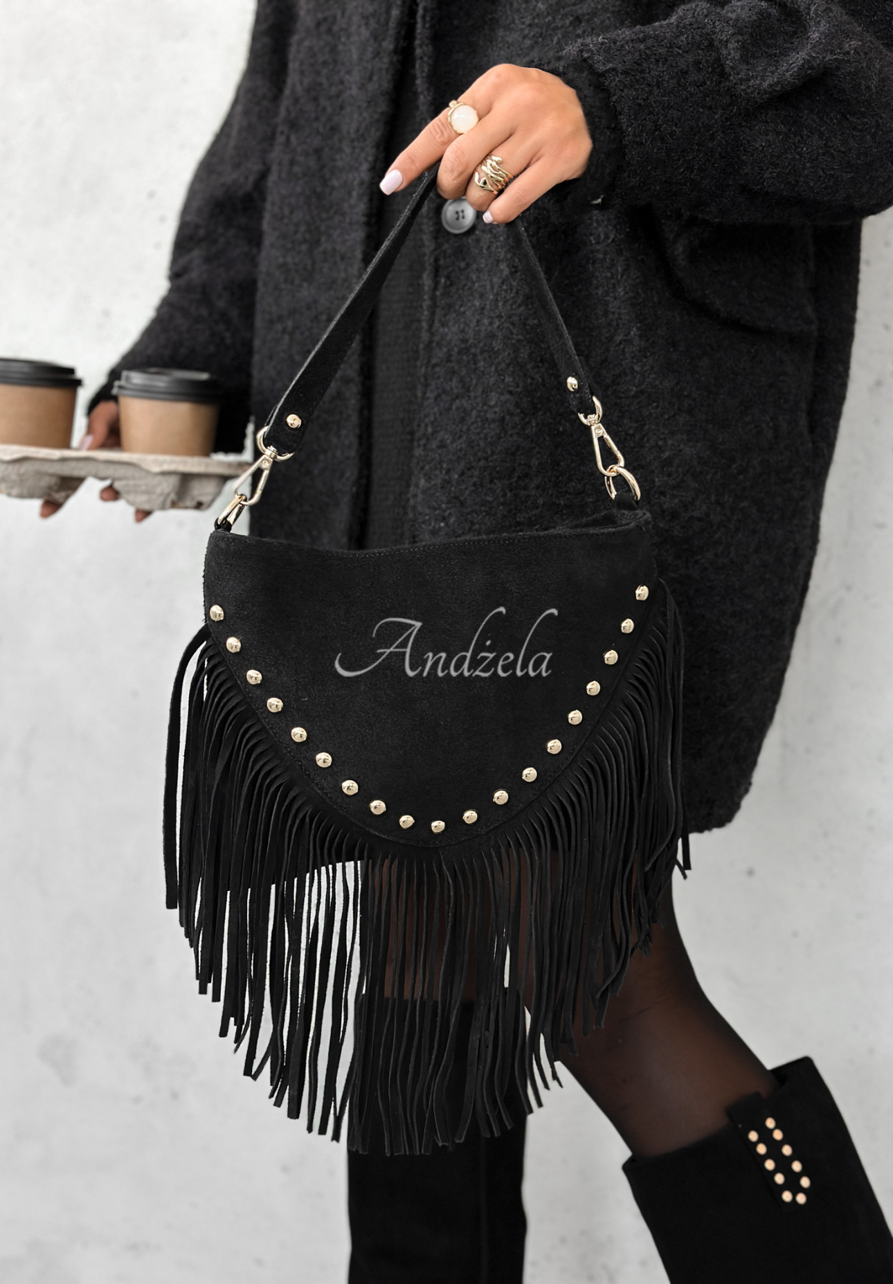 Suede handbag with tassels Hold This Moment black