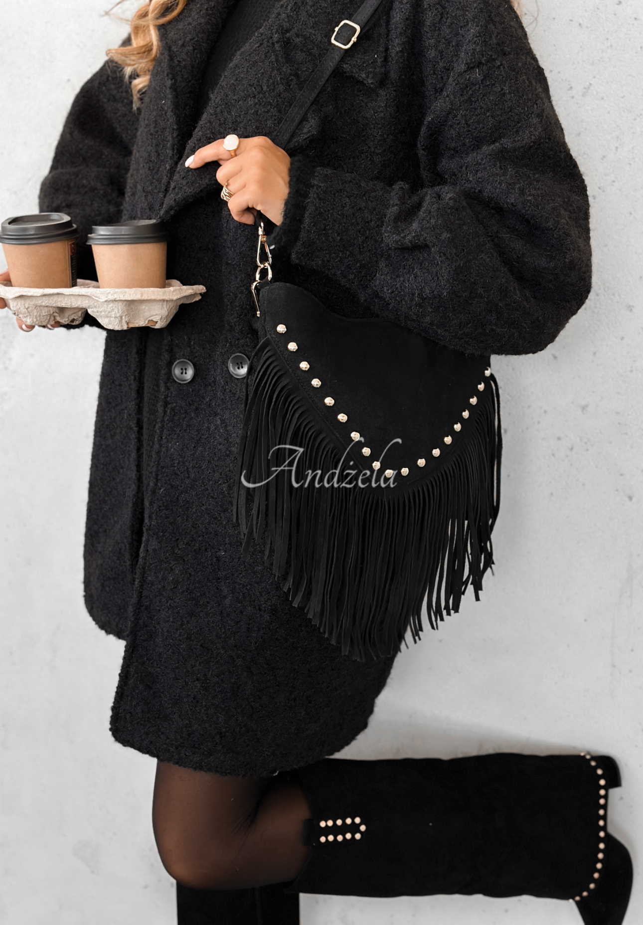 Suede handbag with tassels Hold This Moment black