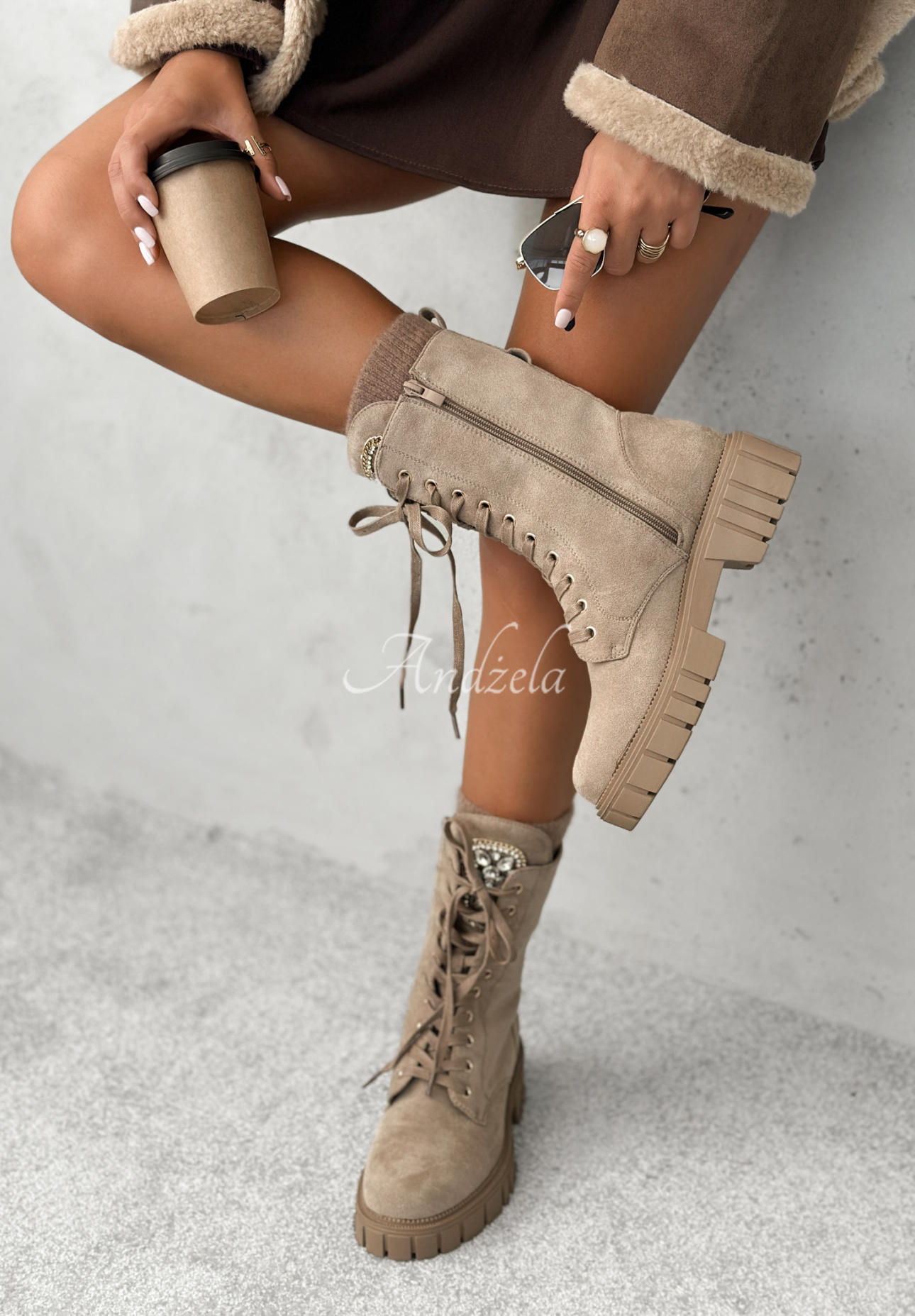 Lace-up suede boots with rhinestones Miles Of Style beige