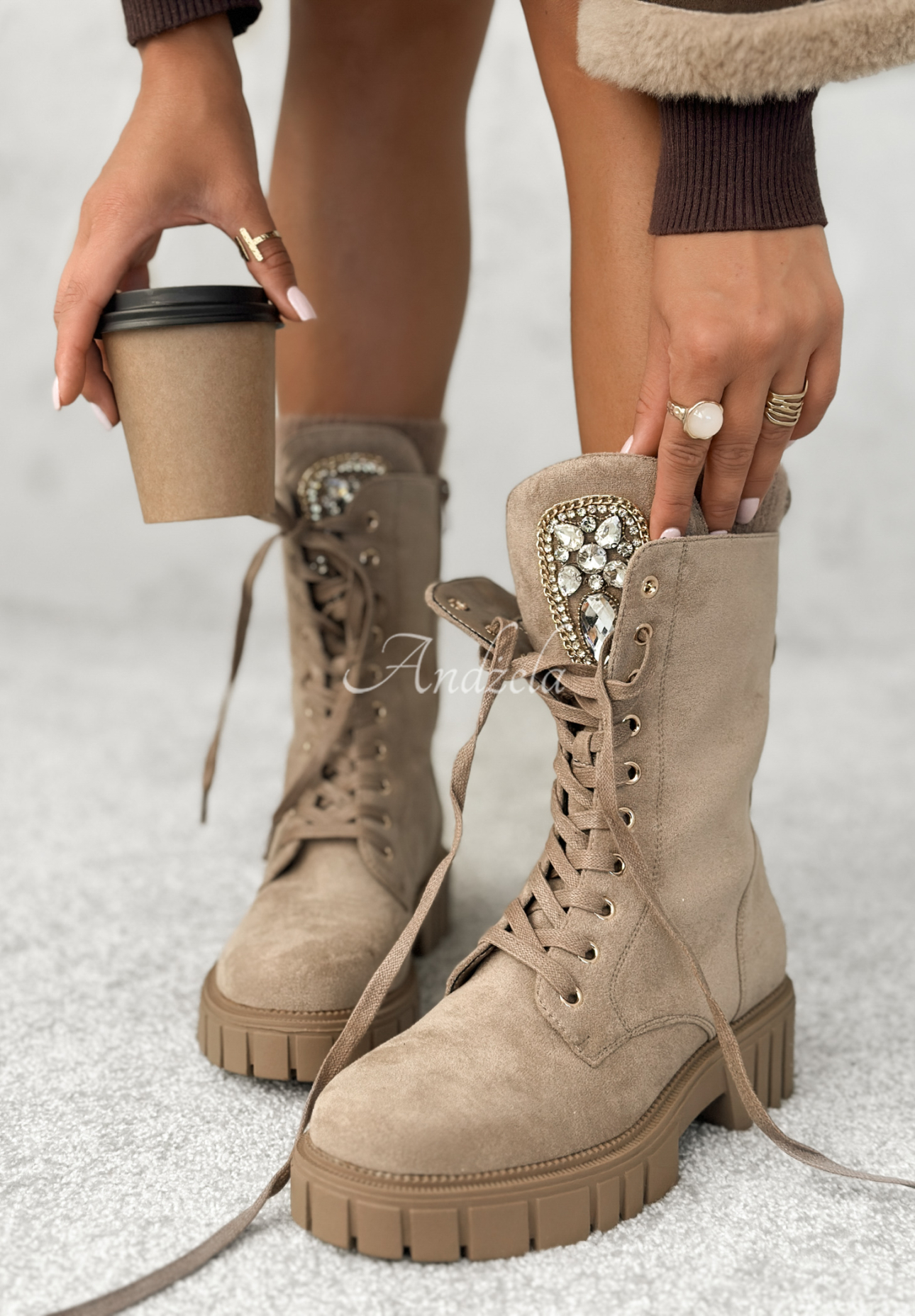 Lace-up suede boots with rhinestones Miles Of Style beige