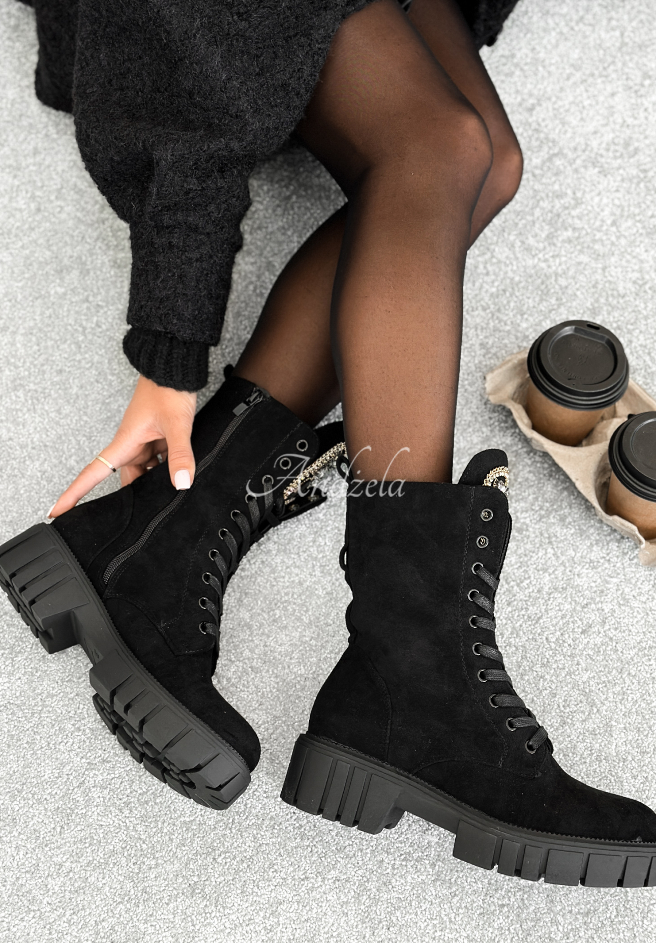 Lace-up suede boots with rhinestones Miles Of Style black