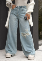 Spodnie jeansowe wide leg z przetarciami You Were Here jasnoniebieskie