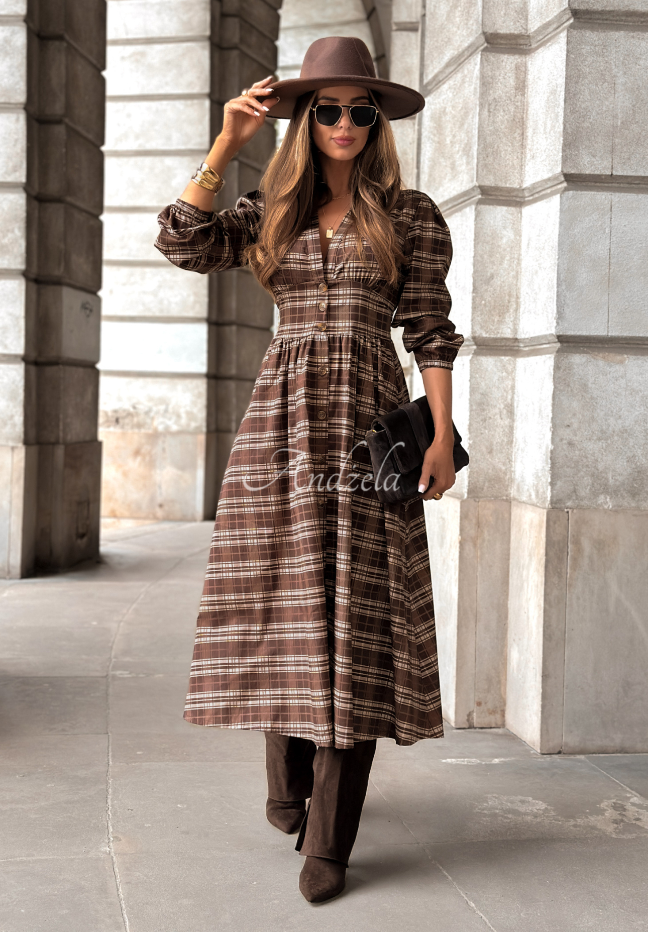 Checked midi dress Watching The Sunrise chocolate