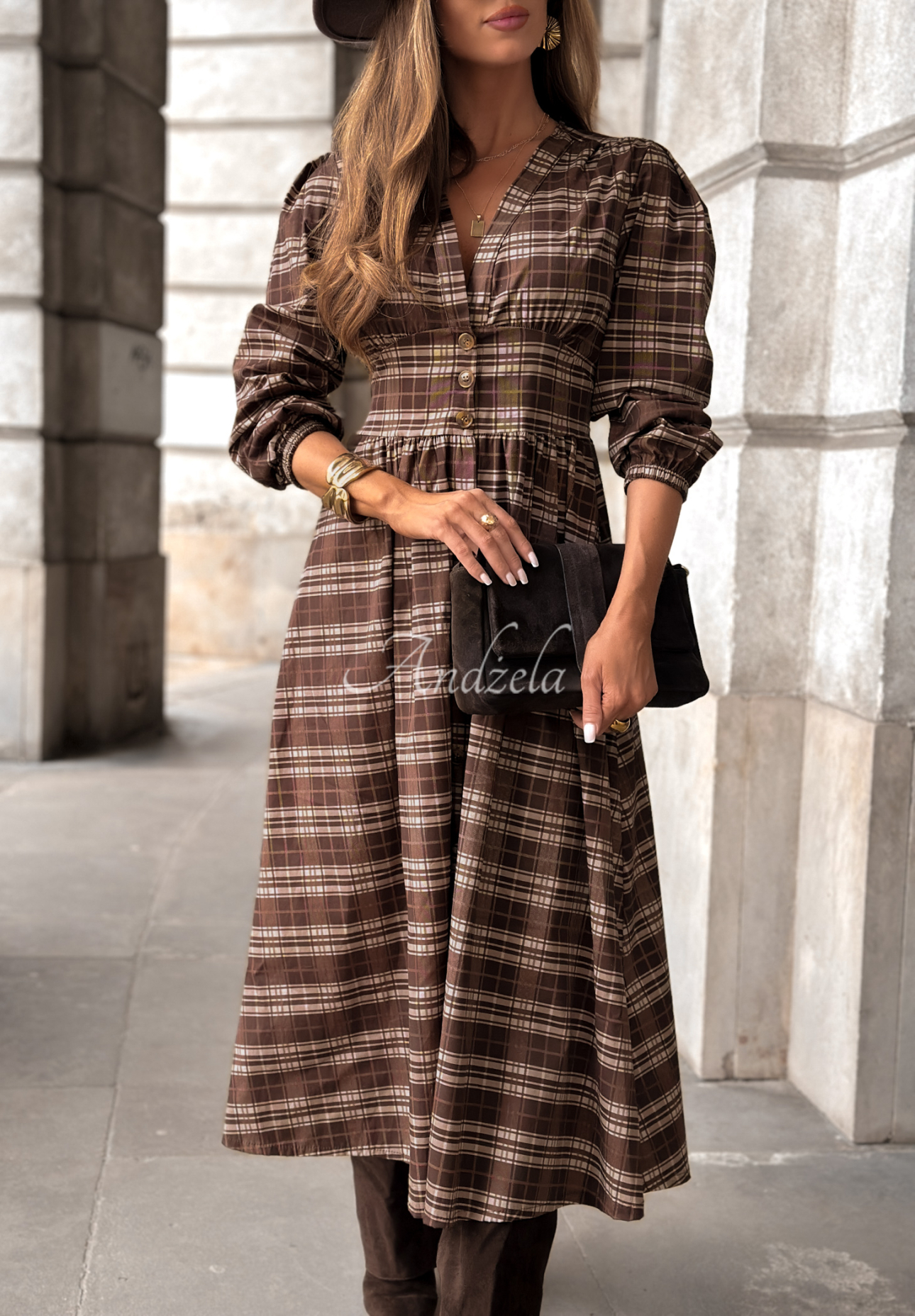 Checked midi dress Watching The Sunrise chocolate