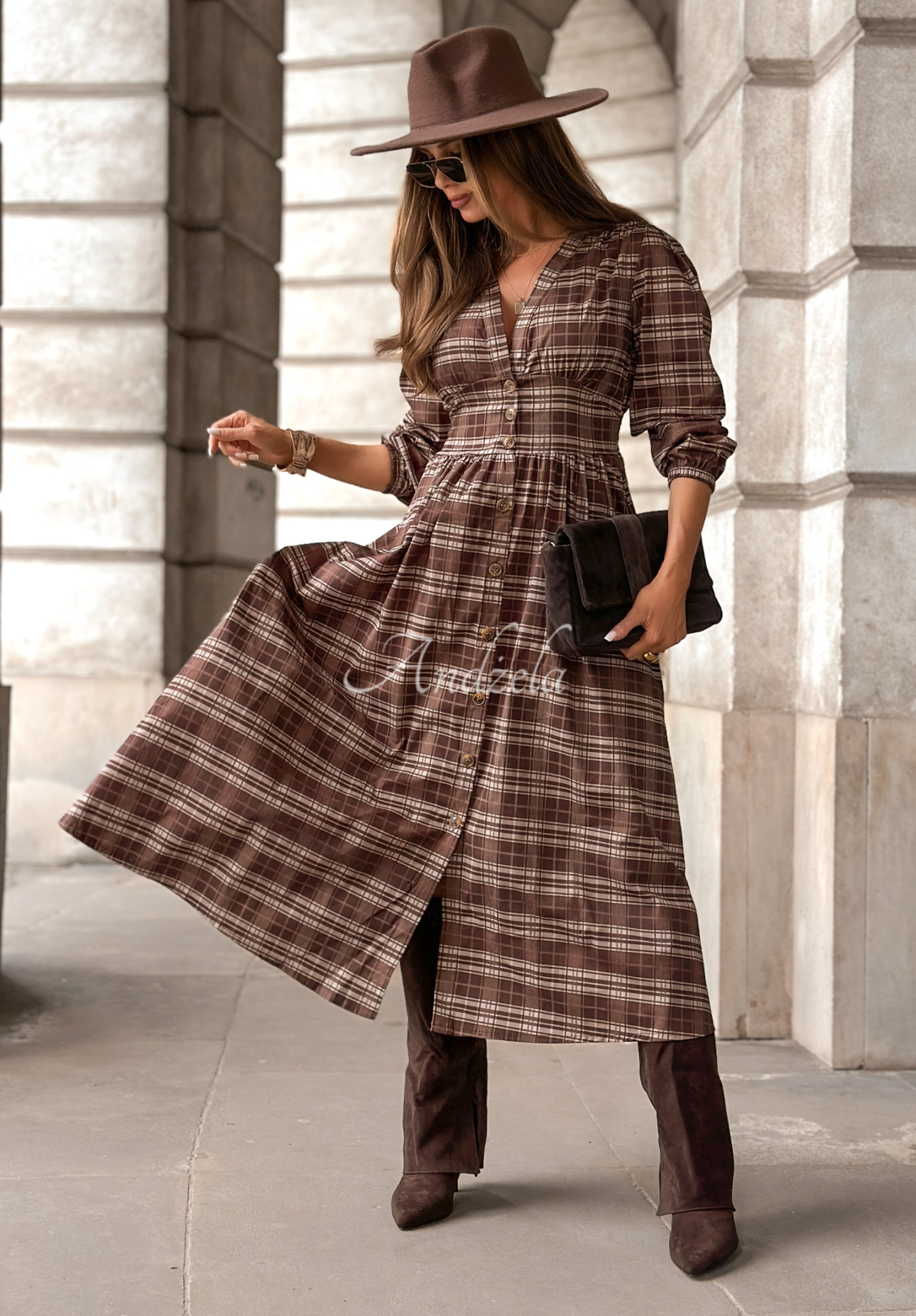 Checked midi dress Watching The Sunrise chocolate