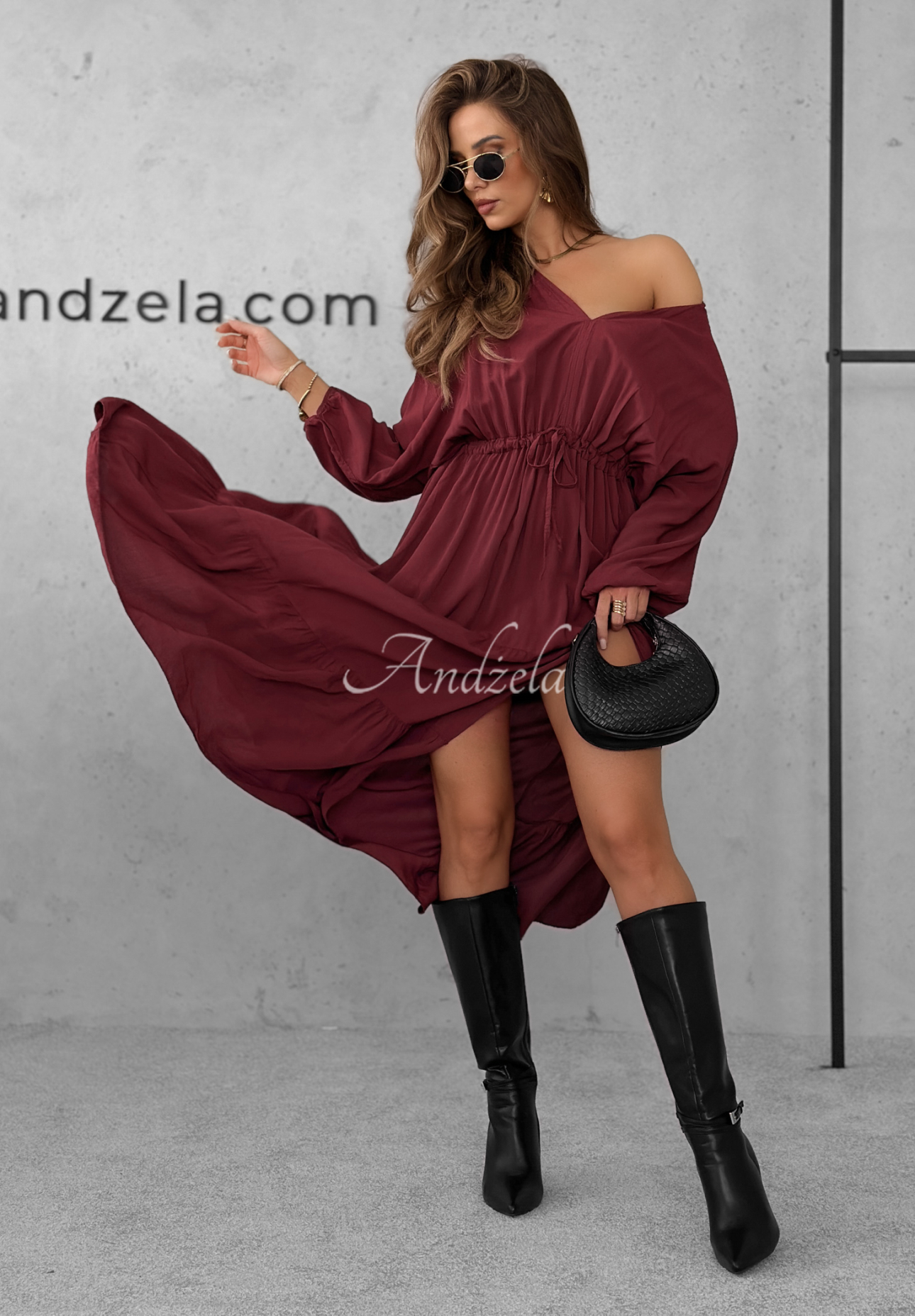 Viscose maxi dress with ruffles Colletta burgundy