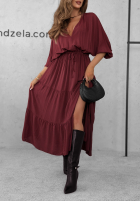 Wiskozowa sukienka maxi z falbankami Colletta burgundowa