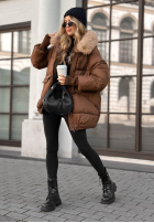 Pikowana kurtka z futerkiem Same Old Story czekoladowa