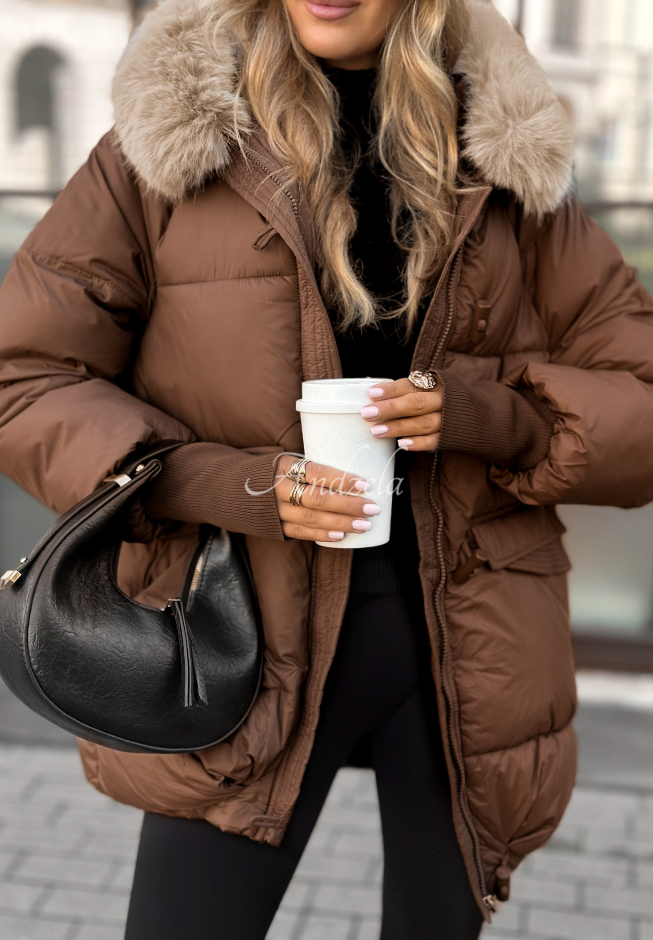 Quilted jacket with fur Same Old Story chocolate