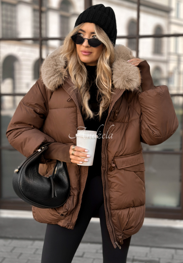 Pikowana kurtka z futerkiem Same Old Story czekoladowa