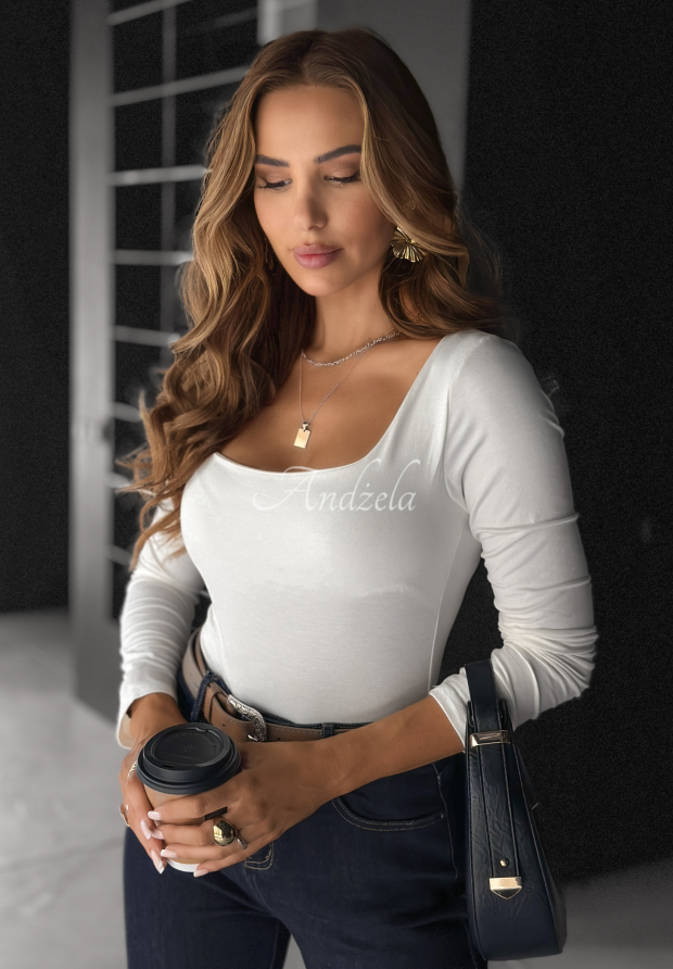 Wiskozowa bluzka longsleeve z kwadratowym dekoltem Just Checking ecru