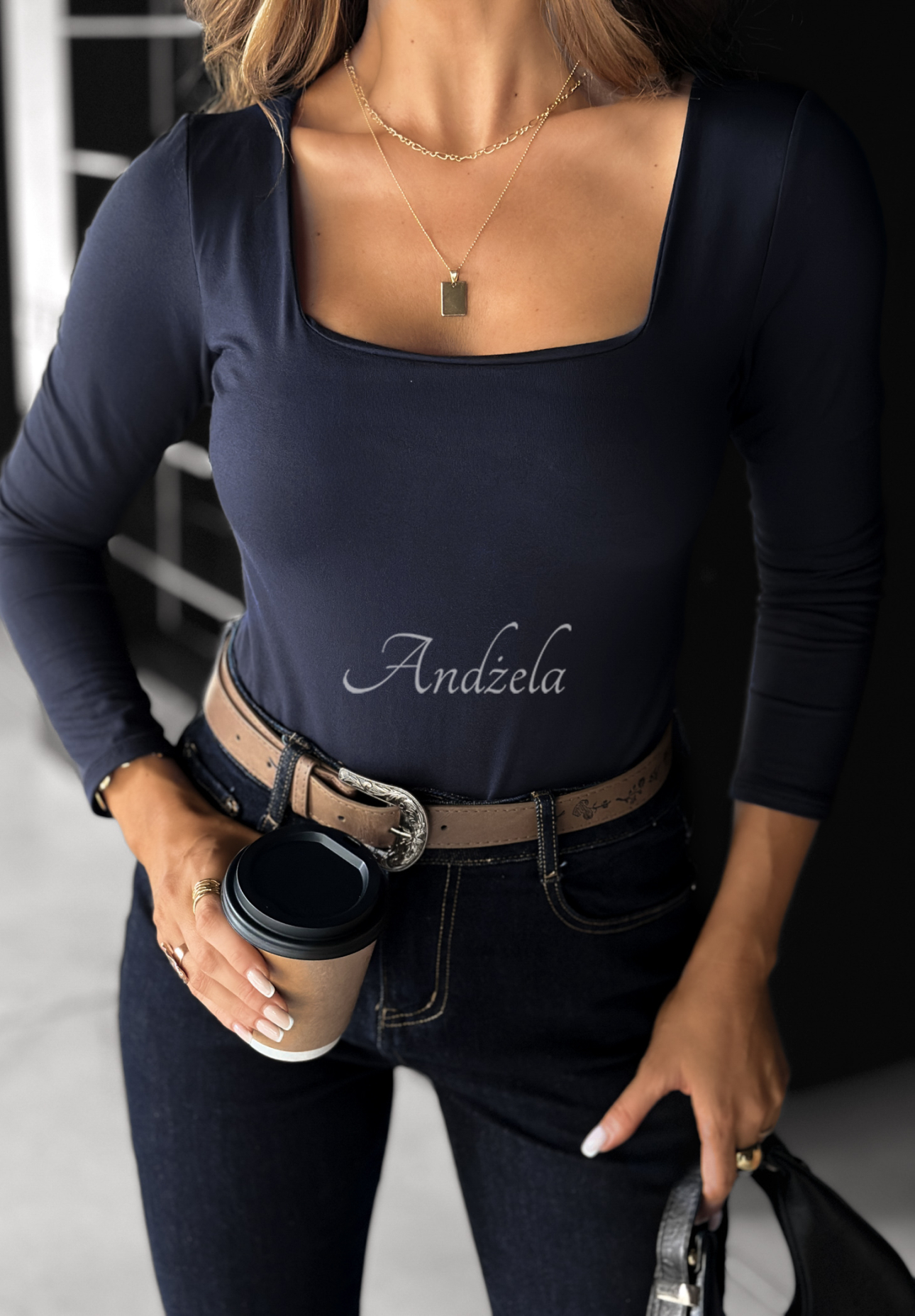 Viscose blouse with square neckline Just Checking navy blue