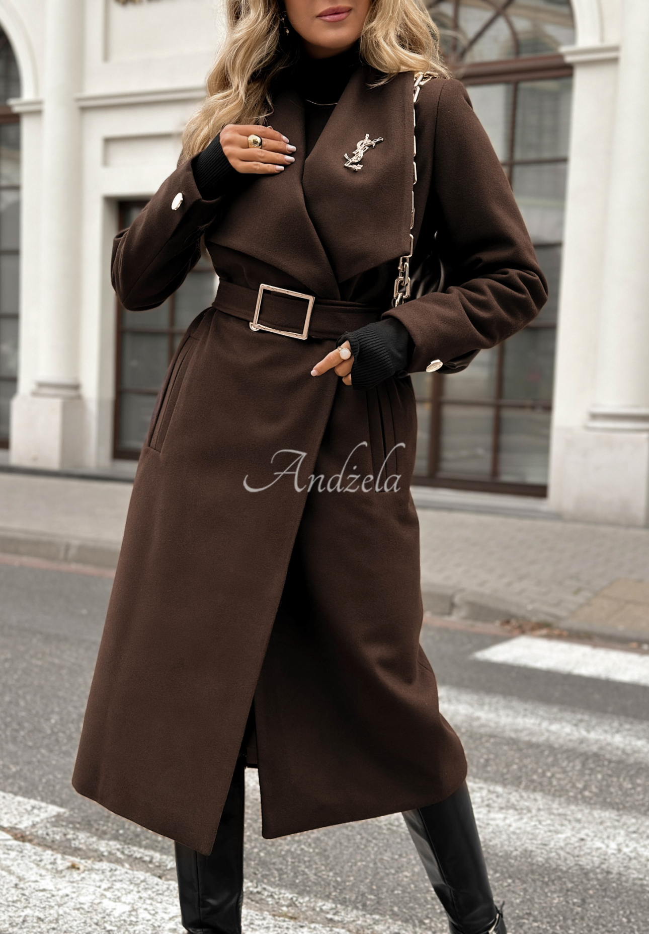Long wool coat with belt Always Yours chocolate