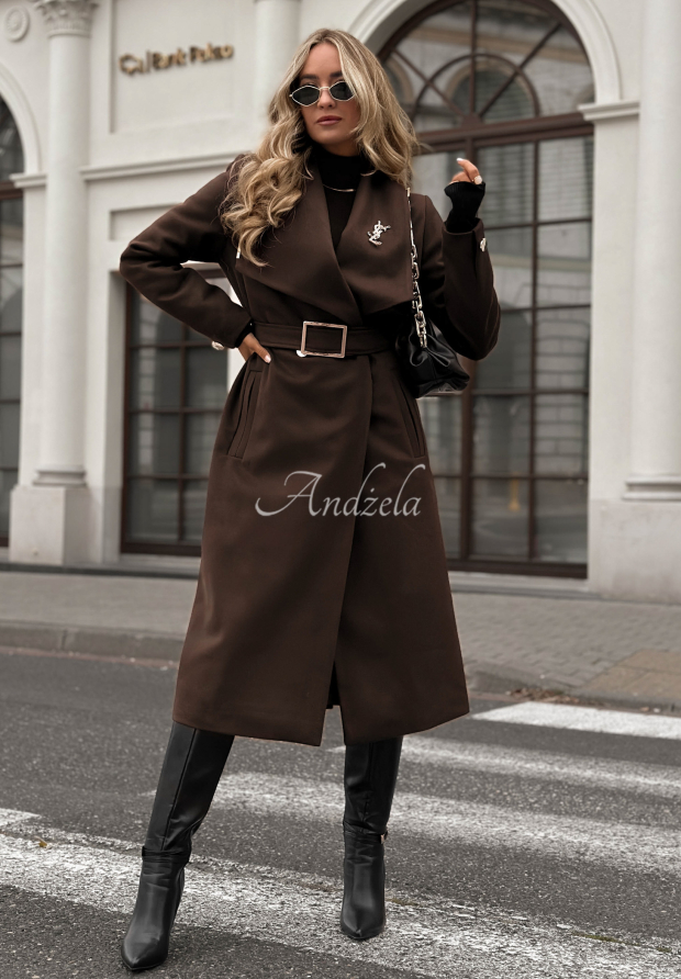 Długi wełniany płaszcz z paskiem Always Yours czekoladowy