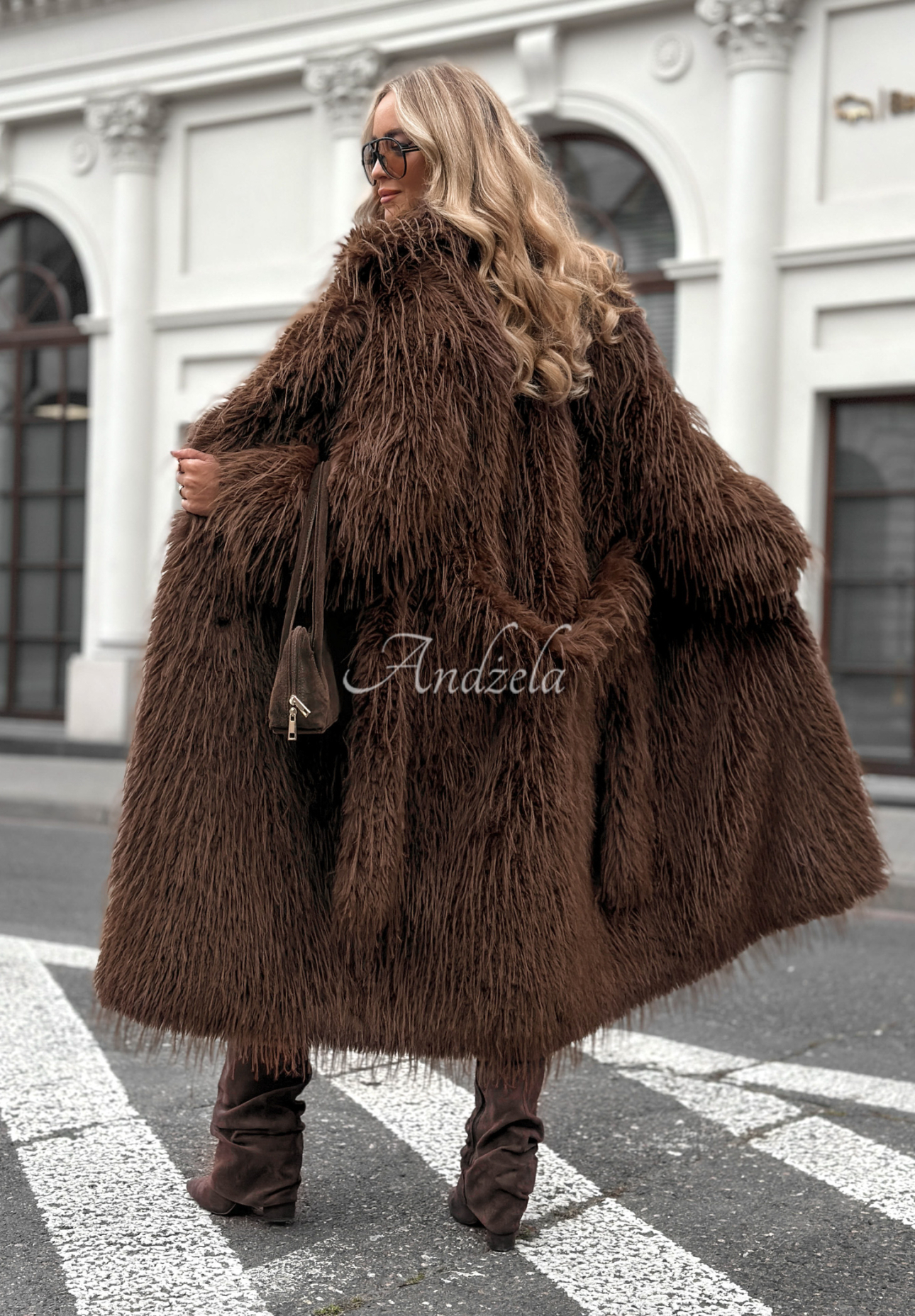 Long wool fur coat with angora Show Me How chocolate