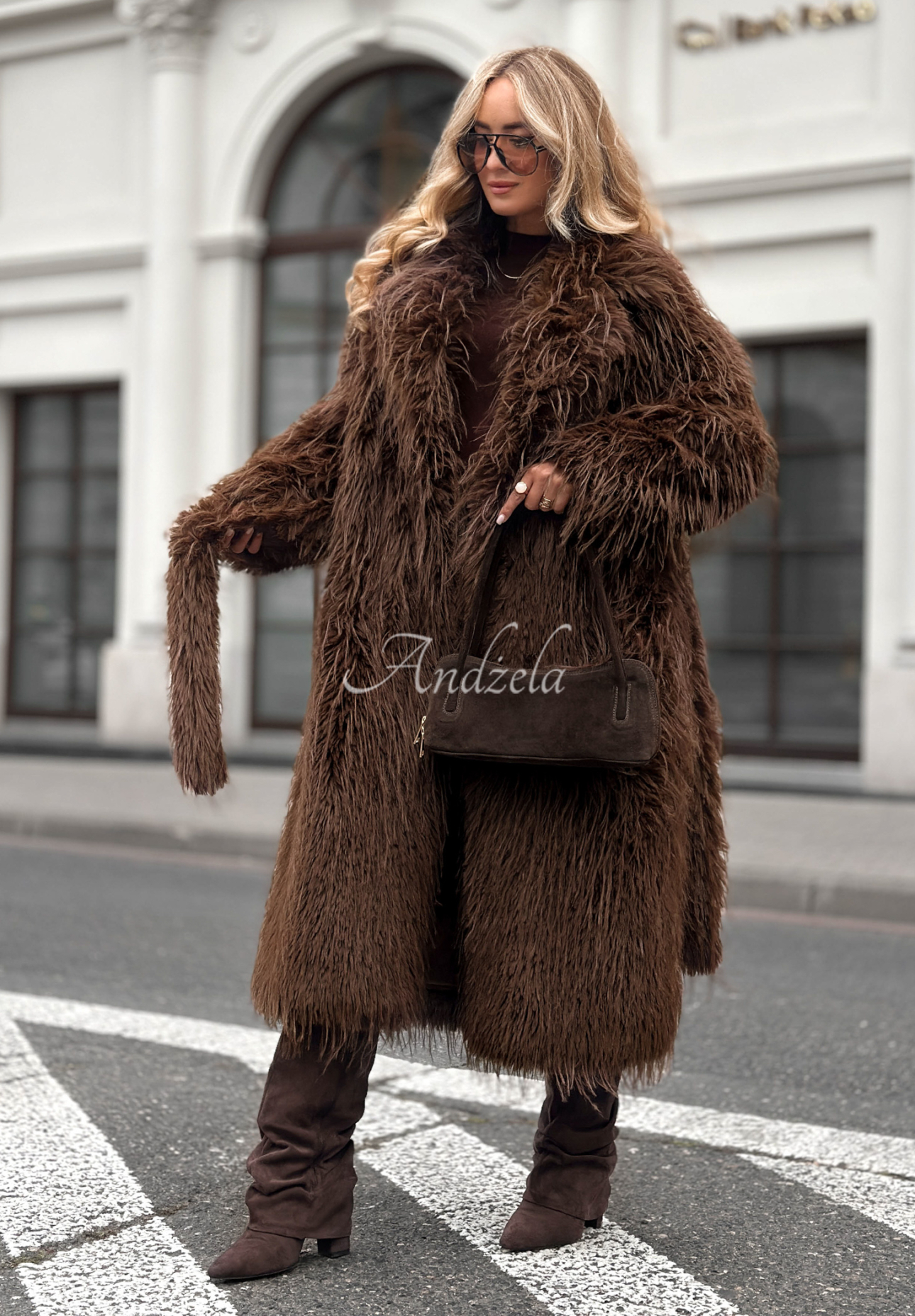 Long wool fur coat with angora Show Me How chocolate
